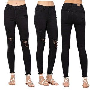 New Judy Blue High Waist Jet Black Destroyed Skinny Jeans